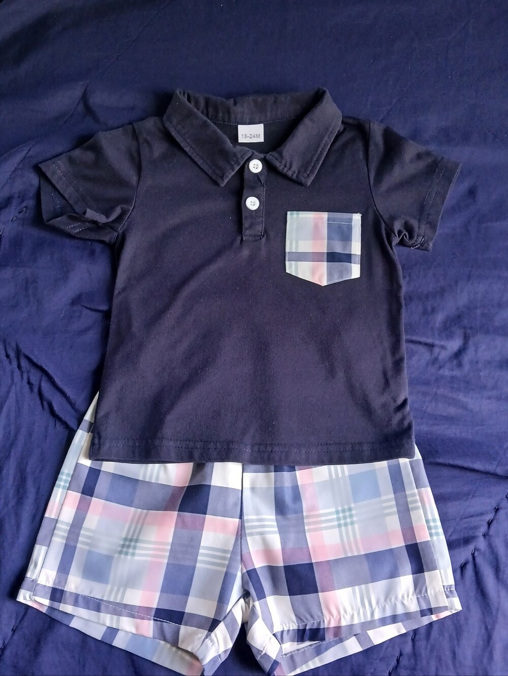 Toddler Navy Polo Set with Plaid Pocket and Shorts 18-24M